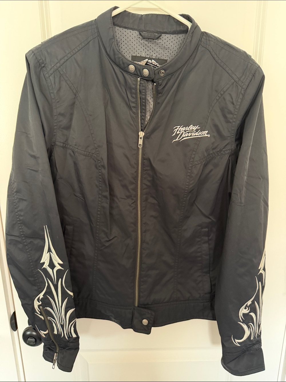 Harley-Davidson Black Women's Zip-Up Jacket with White Tribal Sleeves